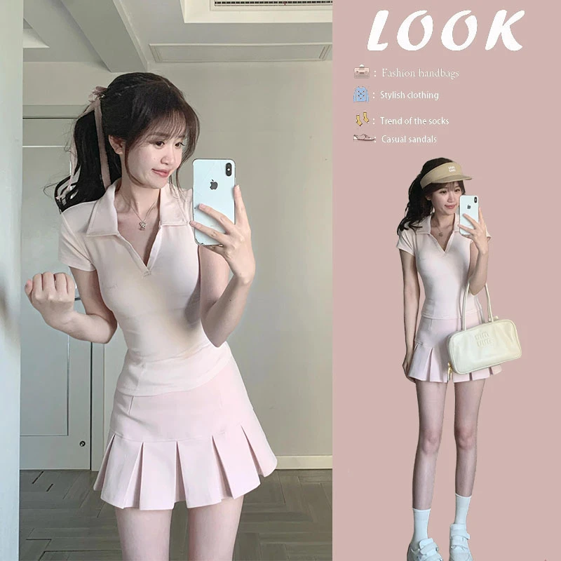 夏季穿搭一整套女2025新款polo领修身短袖T恤显瘦百褶短裙两件套