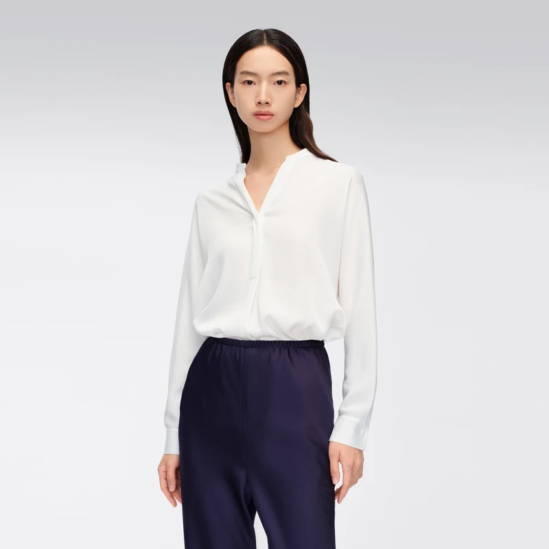 OVV春夏新款女装醋酸混纺宽松经典V领休闲长袖衬衫GNSAJ14002A