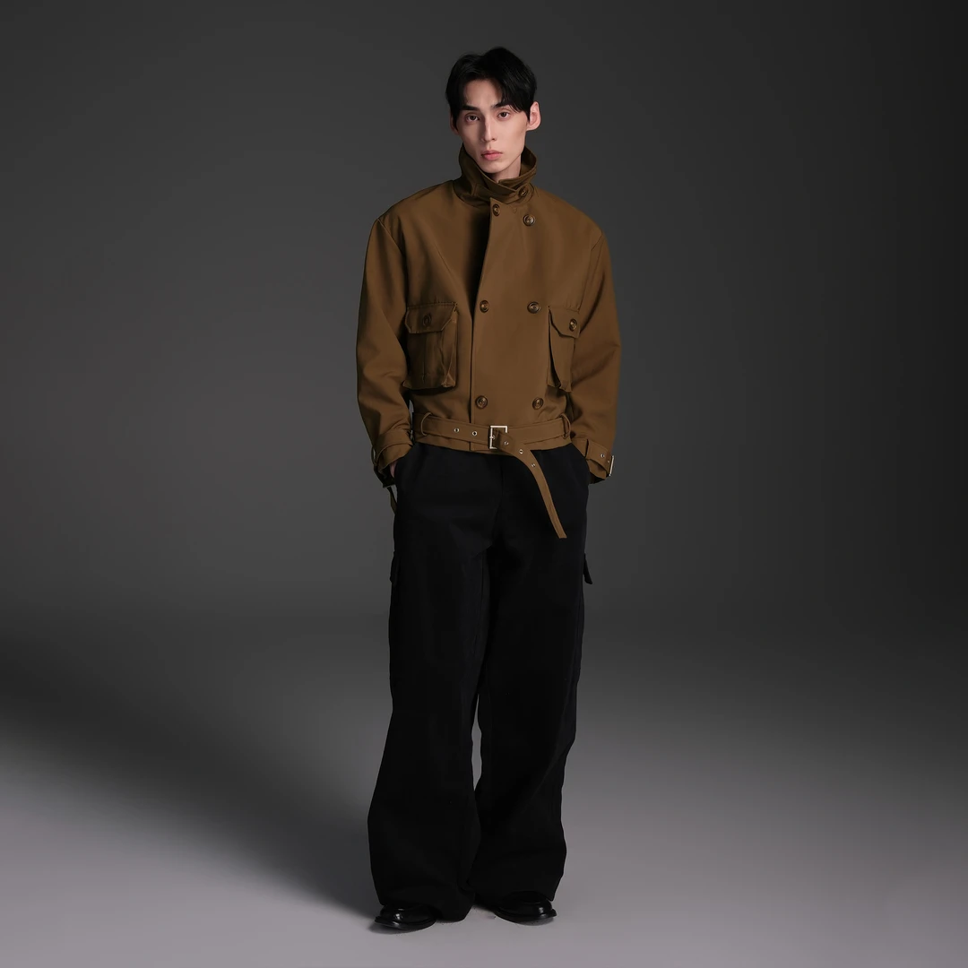 Set for life 25SS定制斜纹可调节腰袖双排扣短宽战壕风衣夹克