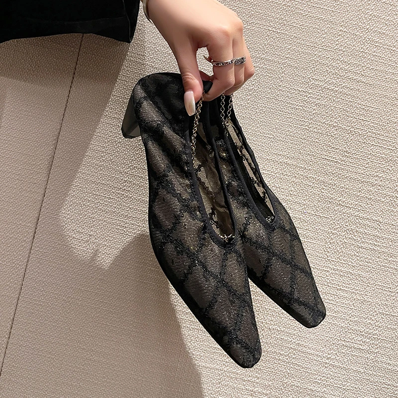 小香风网纱蕾丝浅口单鞋女粗鞋夏新品透气方头羊皮鞋垫凉鞋透气