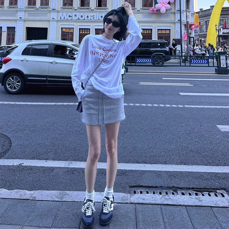 灰色运动包臀卫裙女夏季小个子防走光半身裙辣妹抽绳高腰a字短裙