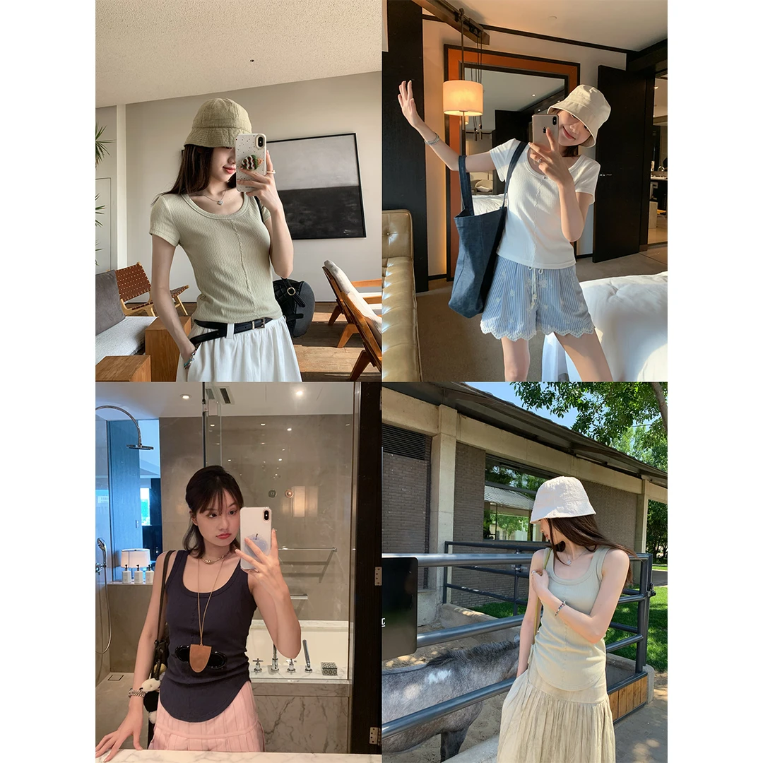 实穿主义 副乳友好！藕节刺绣 弧形下摆小背心/大圆领短T 506BD3