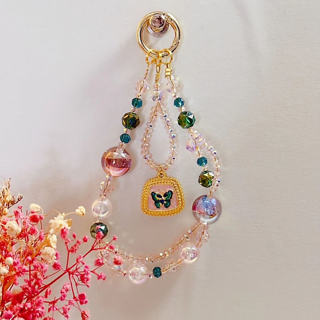 839蝴蝶吊坠双层手机链女款手工短款防丢创意