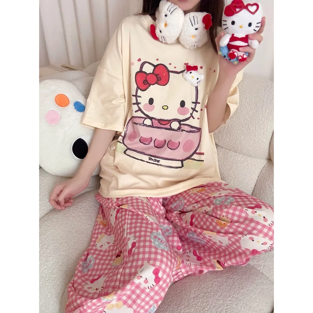 可爱风薄款宽松短袖kitty蝴蝶结睡衣女春夏新款不规则长裤家居服