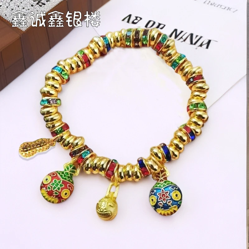 足银手链 999.9【06】33克镀K金弹力绳烧蓝好事发生时尚彩色女款506