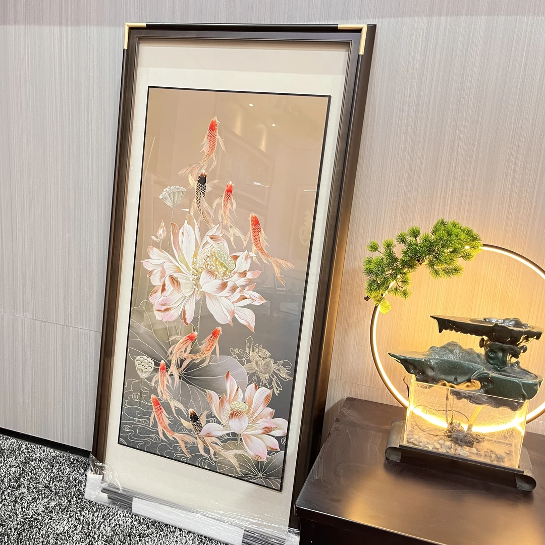 2025款款九鱼荷花高端中式玄关装饰画手工铜板雕刻画入户过道挂画