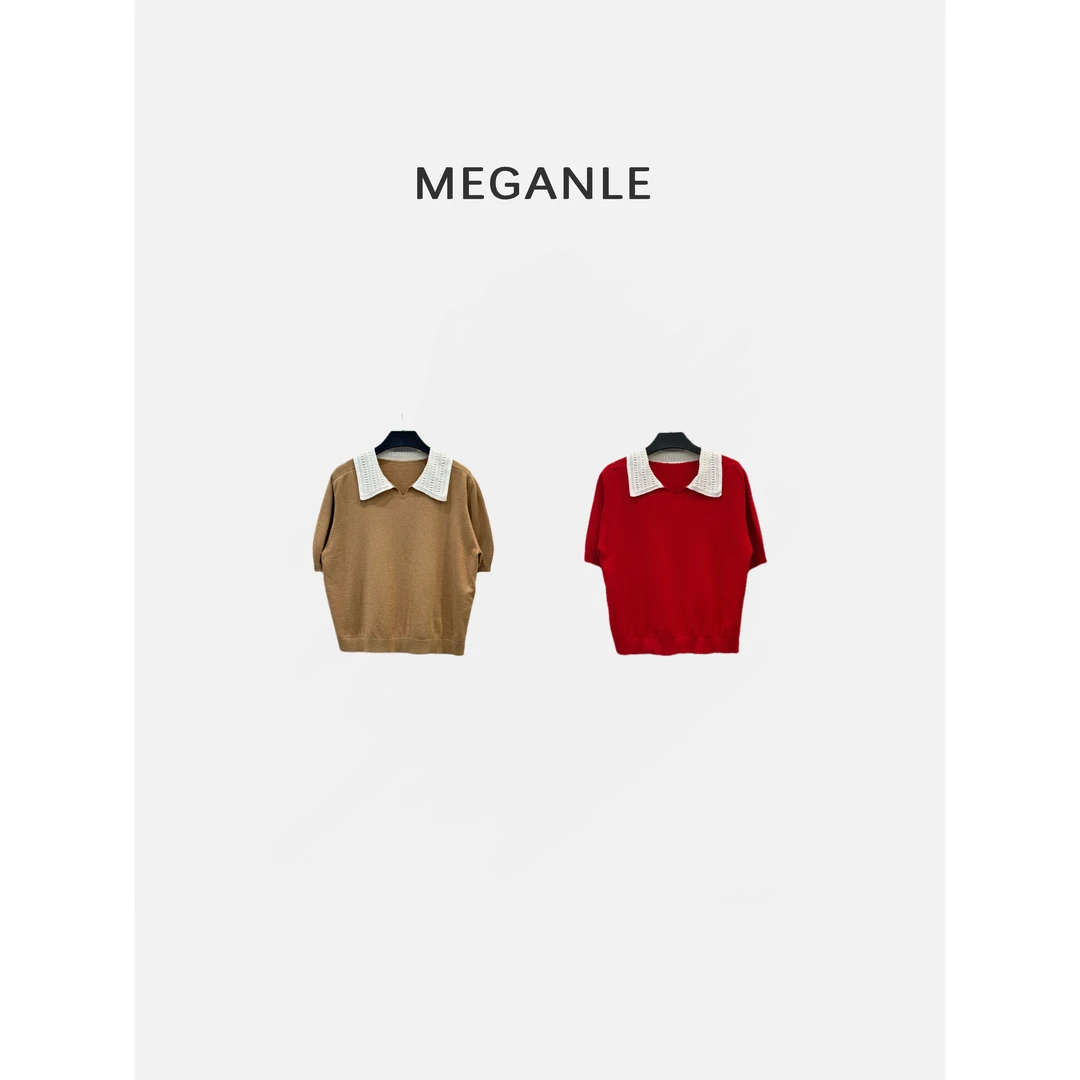 【美术生】MEGANLE 时髦百搭花边翻领针织短袖上衣2024568