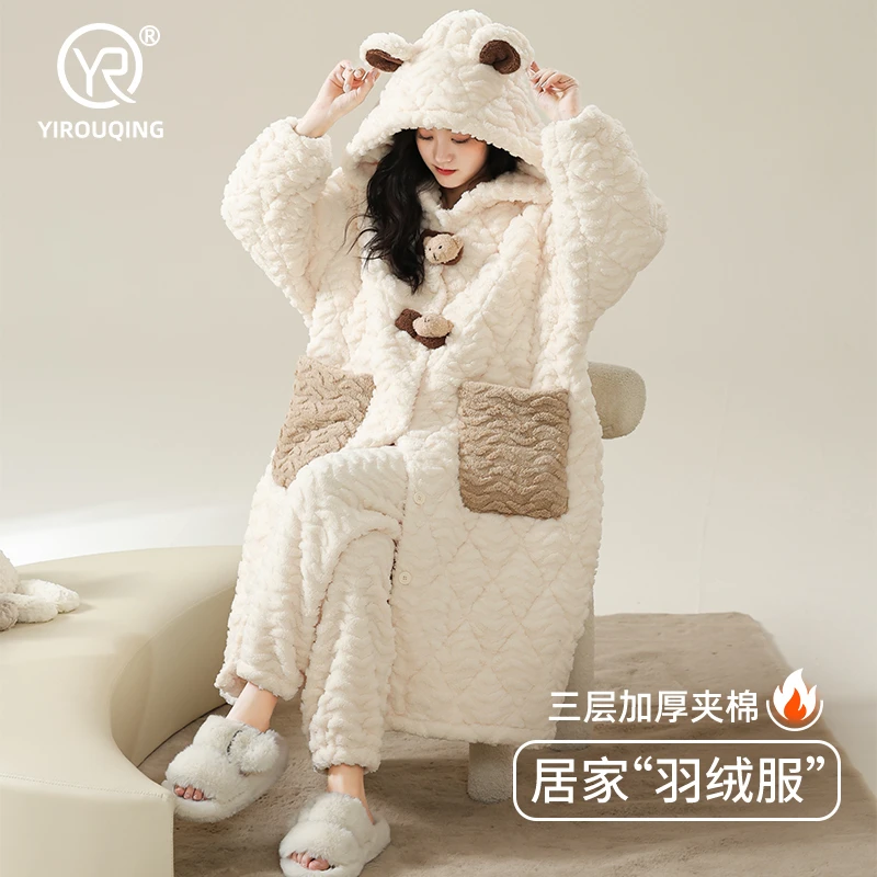 睡衣女冬季秋冬款三层夹棉珊瑚绒睡袍加绒加厚保暖家居服2025新款