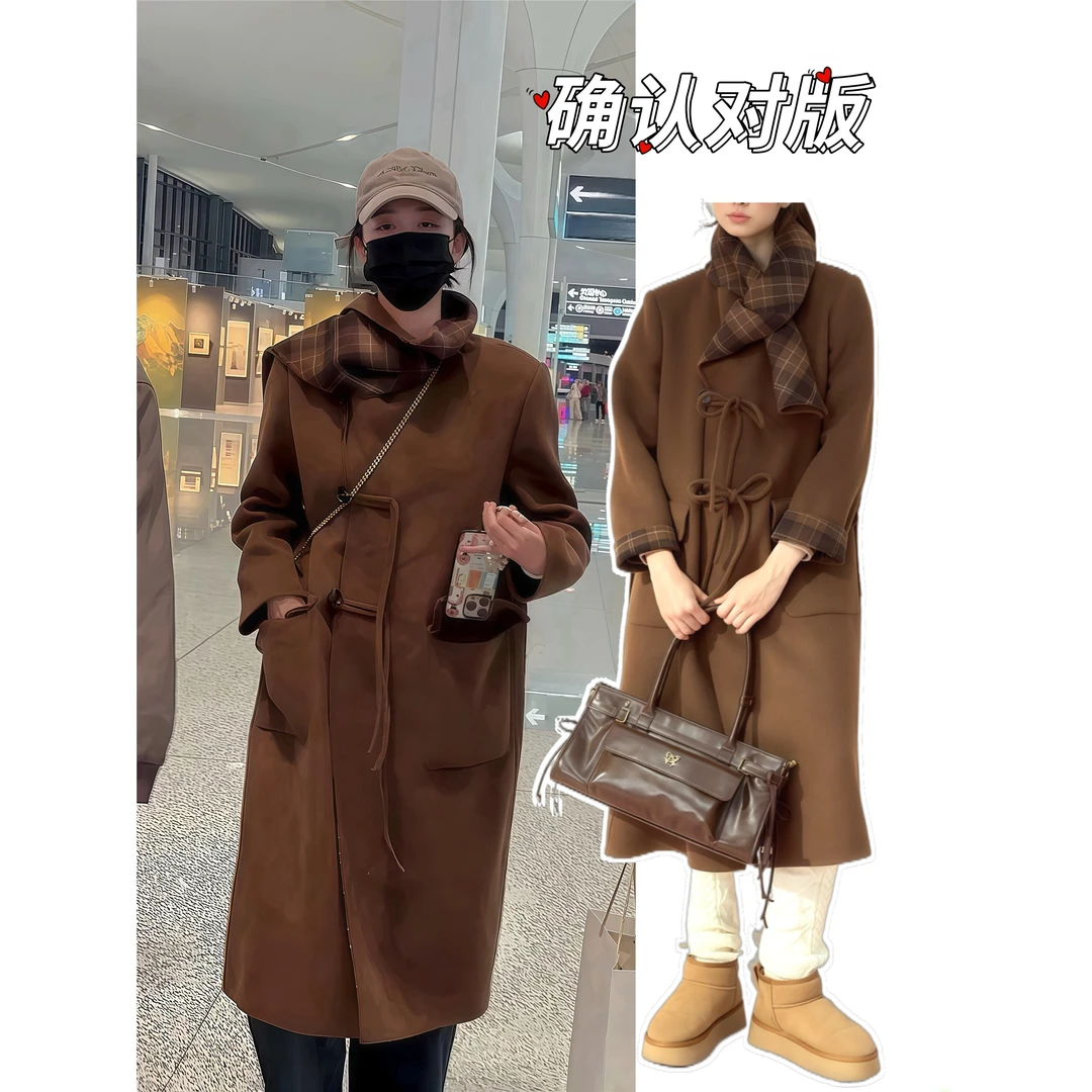 王楚然同款棕色小众设计感气质复古羊毛围巾领双面呢大衣女冬外套