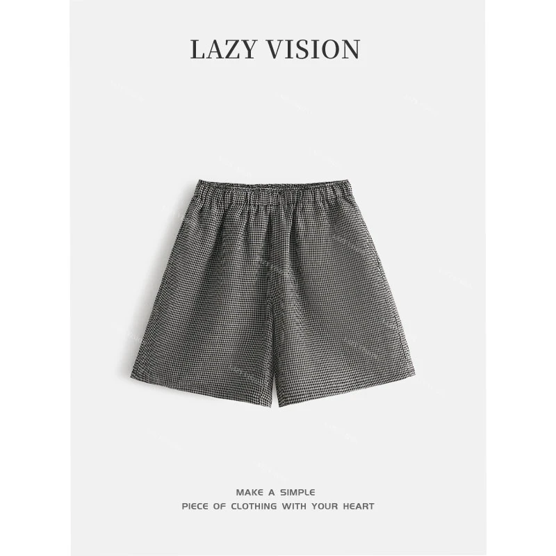 LAZYVISION/亚麻格子休闲短裤ZMD-29850