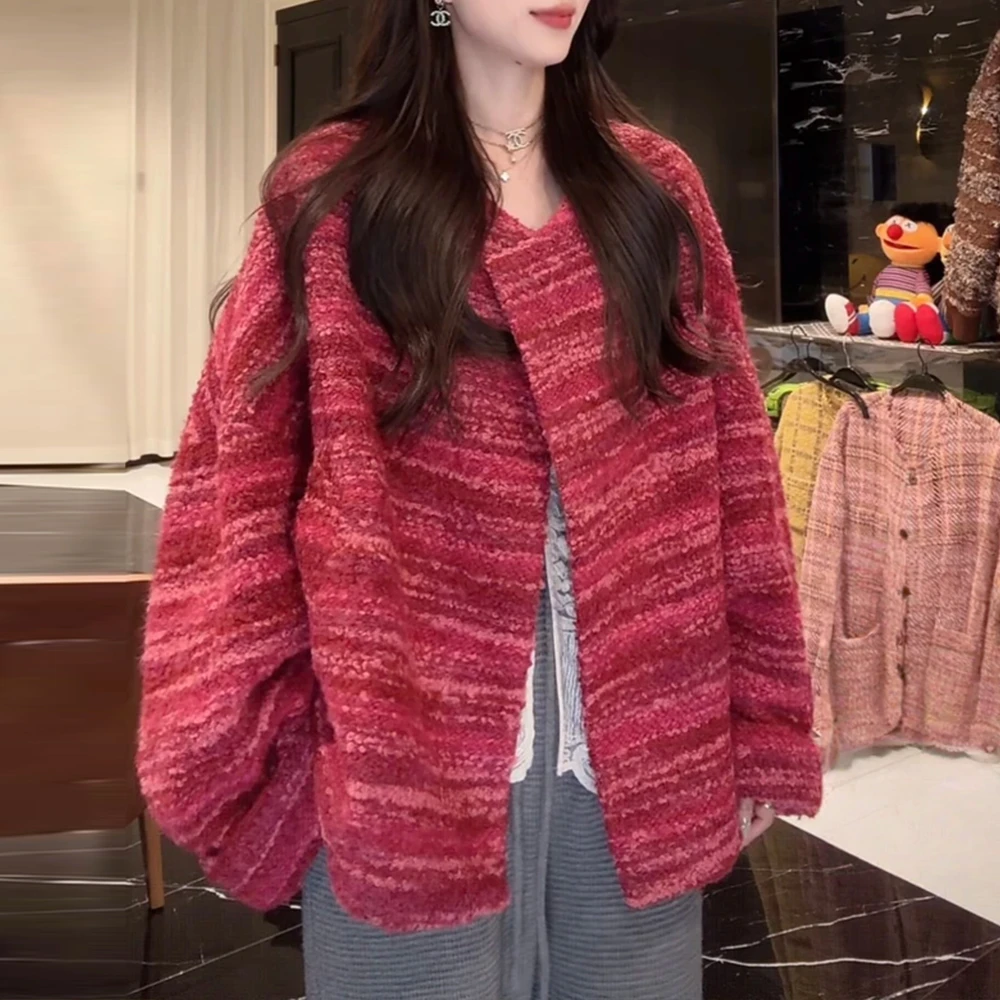 2025韩版显瘦针织毛衣爱心百搭宽松条纹长袖设计感百搭女士潮流