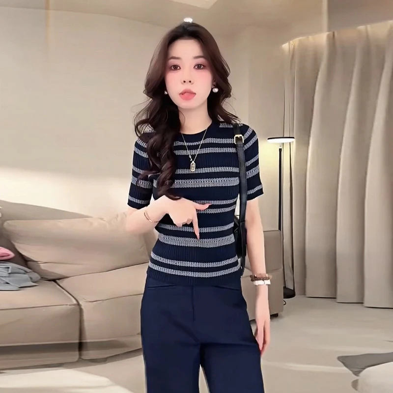 时尚设计感撞色条纹冰丝短袖针织衫女款夏季凉感圆领T恤休闲上衣