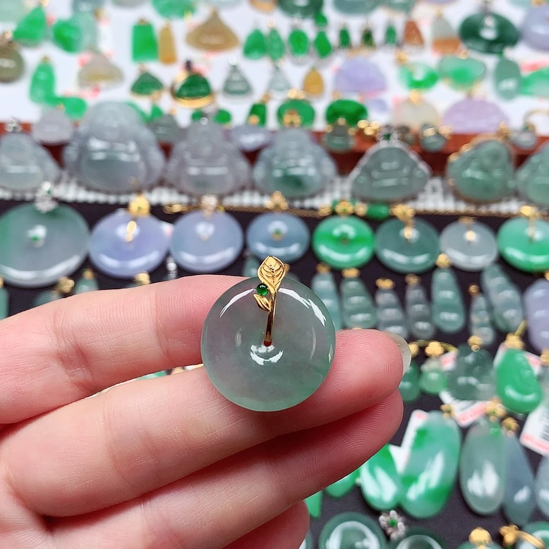 翡翠18K金镶嵌吊坠(不含链)天然翡翠A货