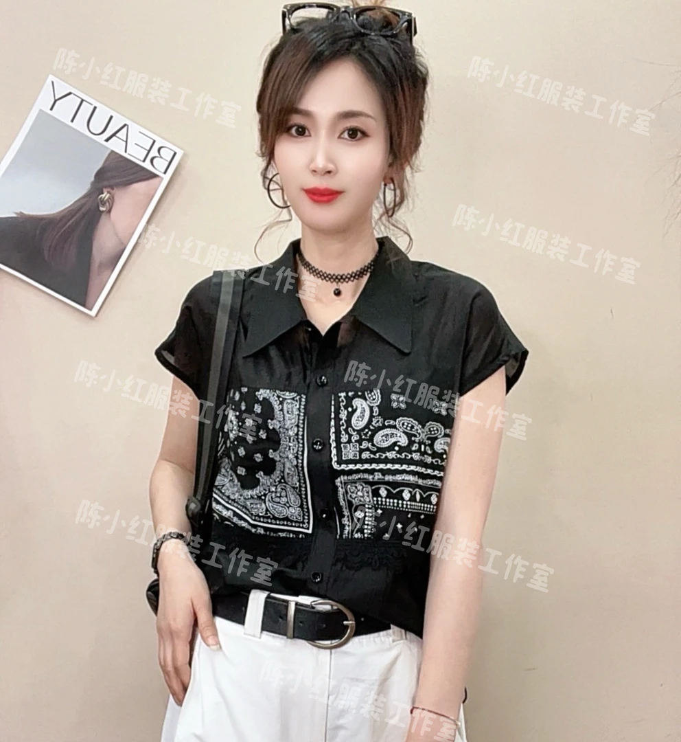 《陈小红服装》夏季时尚休闲复古印染气质百搭翻领衬衫