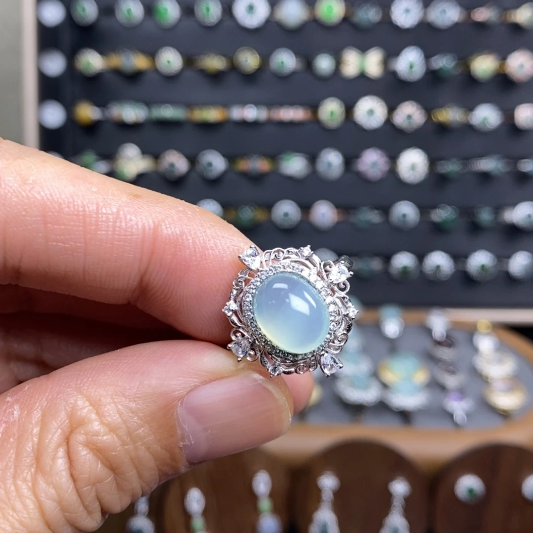 蛇纹石玉银S925镶嵌戒指天青冻