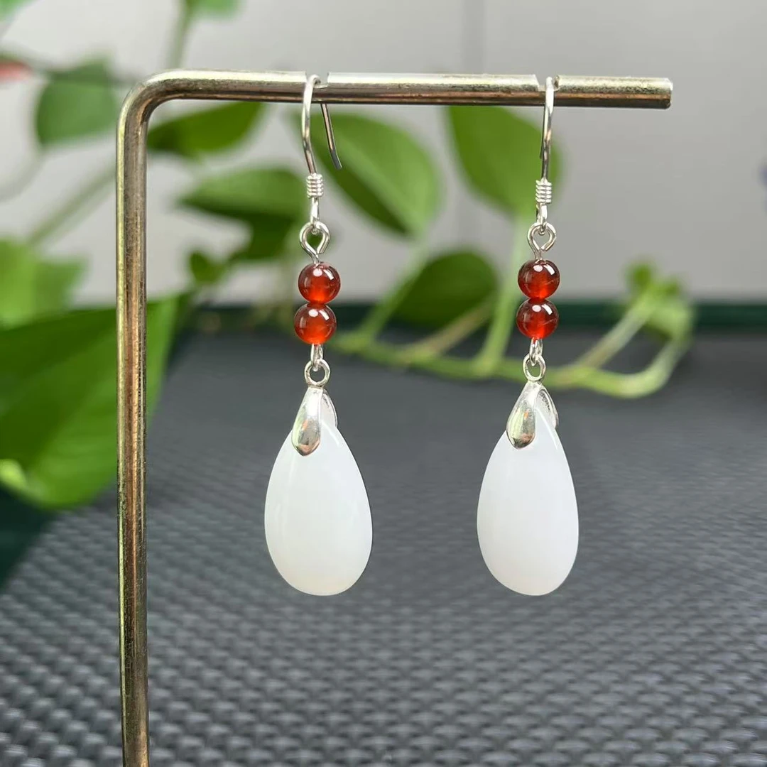 天然珠宝玉石天然一级白新疆玉s925纯银耳钩防过敏耳饰