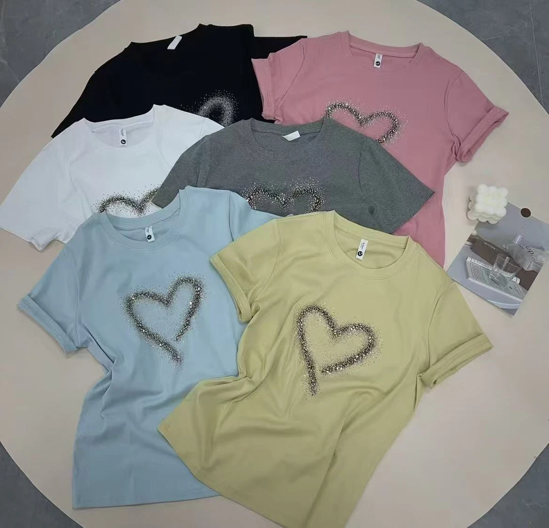 【2501】新品烫钻爱心圆领T恤上衣