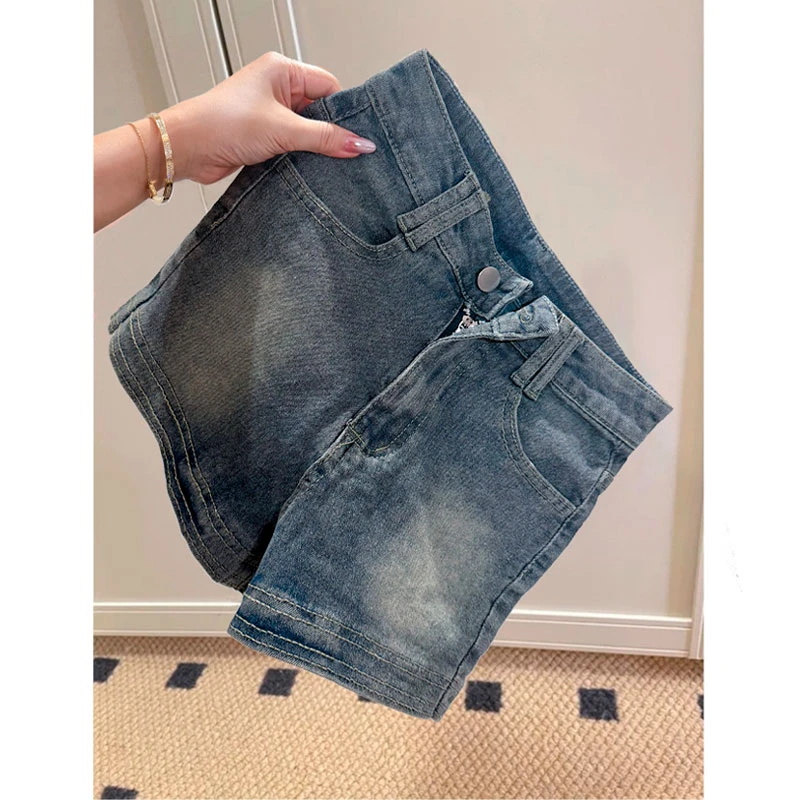 美式复古高街牛仔短裤女夏季薄款辣妹高腰修身显瘦做旧a字热裤子