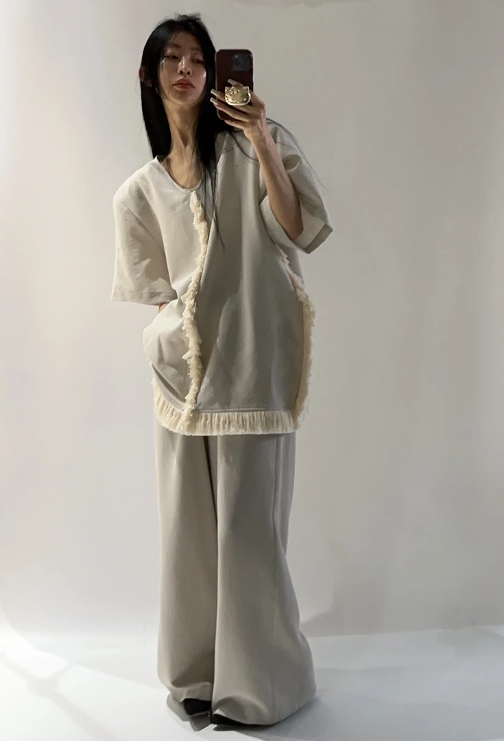 VIVISPLENDID20279-1#（定制款NO退NO换）大牌感流苏麻感半袖套装