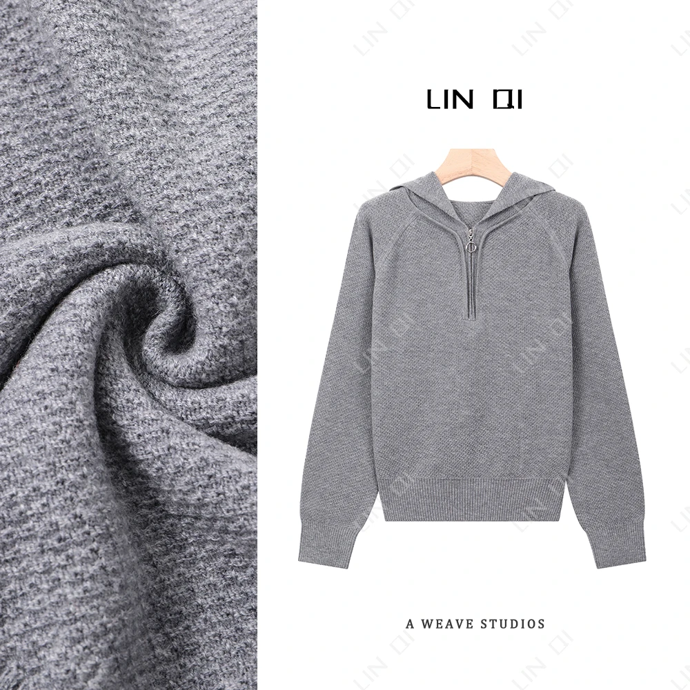 2024秋冬保暖不扎人半拉链连帽新款羊毛衫时尚休闲针织帽衫女