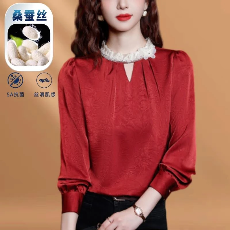 杭州大牌真丝衬衫女士长袖气质小衫2025春新款红色高端桑蚕丝上衣