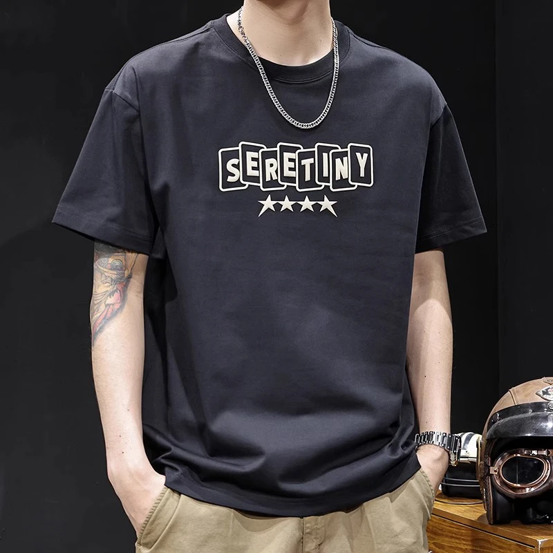 夏季美式潮牌印花短袖T恤男士高端新款休闲百搭宽松重磅圆领体恤