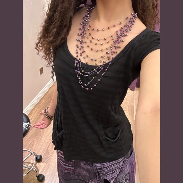 非金属玻璃项链 潦草也的店浅紫斑斓多层编织项链