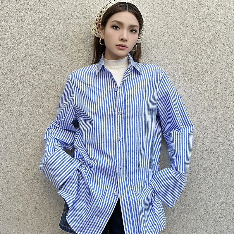 【商场同款】翻领字母印花条纹衬衣中长款男友纯棉长袖衬衫5301070
