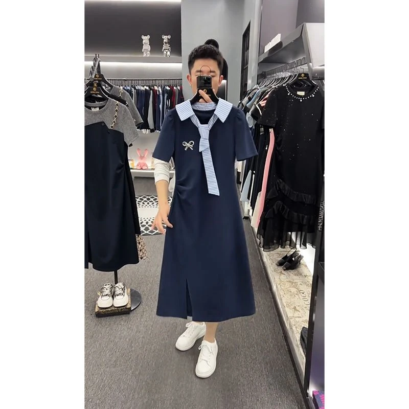 甜辣纯欲拼接翻领短袖连衣裙夏季女装2025新款小个子收腰显瘦长裙