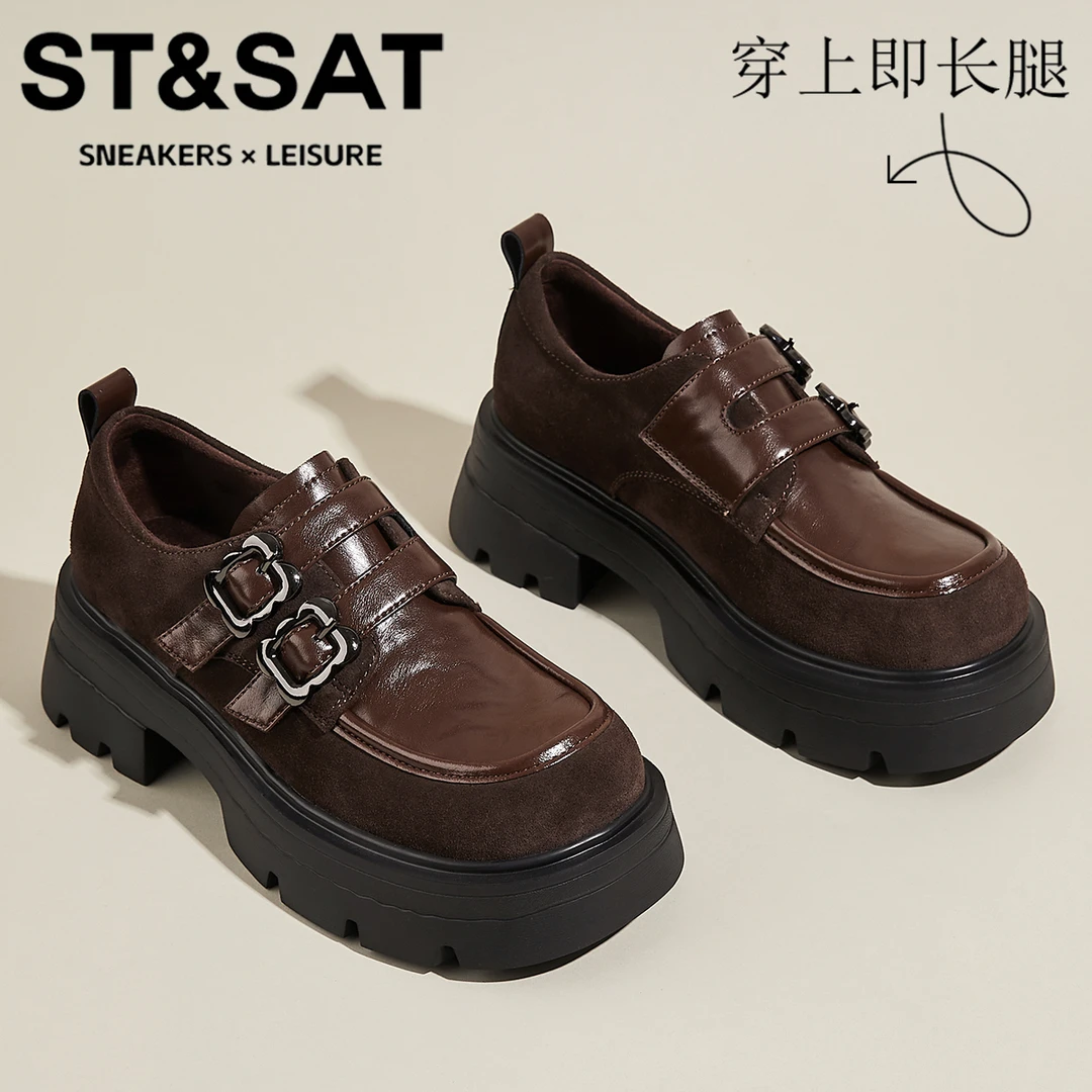 星期六真皮高跟乐福单鞋女2025冬季新款粗跟增高防滑小皮鞋休闲鞋