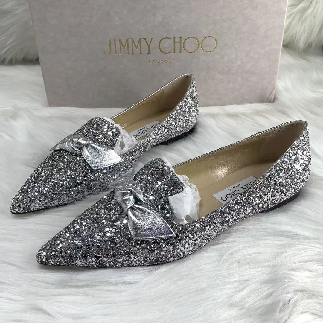 99新 JIMMY CHOO/吉米周 37.5码/仔仔/全套银色蝴蝶结平底单鞋824