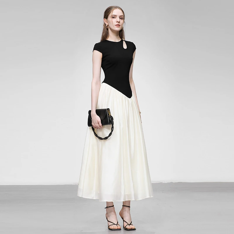 夏季新款优雅气质圆领修身显瘦撞色拼接大摆连衣裙HC35618