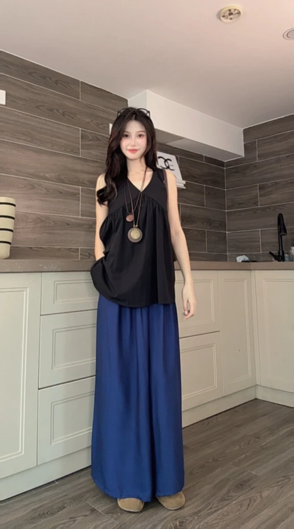 今日特价清）十三行欧货新款麻料克莱因蓝高腰大阔腿慵懒九分裤裙