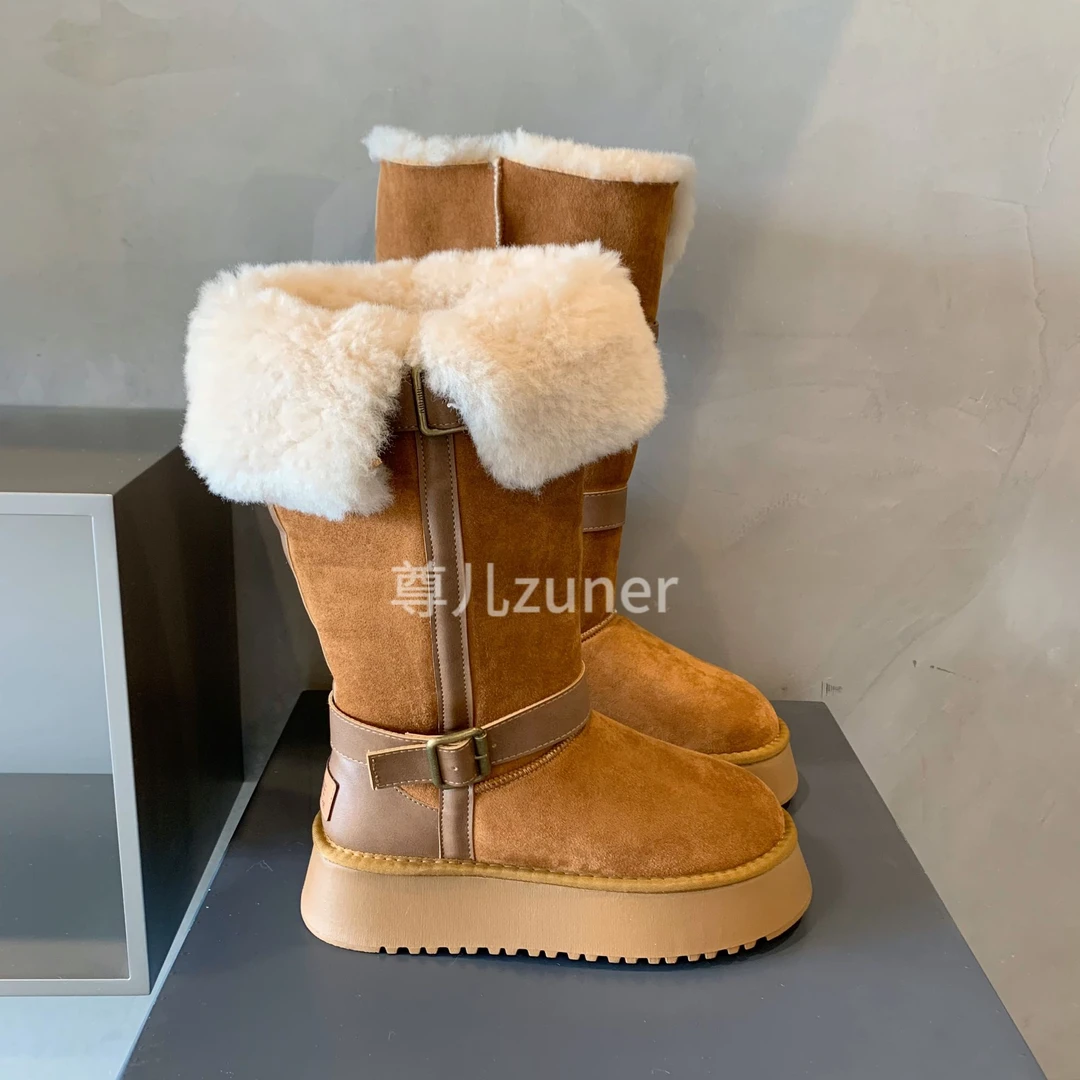 尊儿2024冬季两穿款皮毛爆款高筒雪地靴厚底加绒保暖长筒靴
