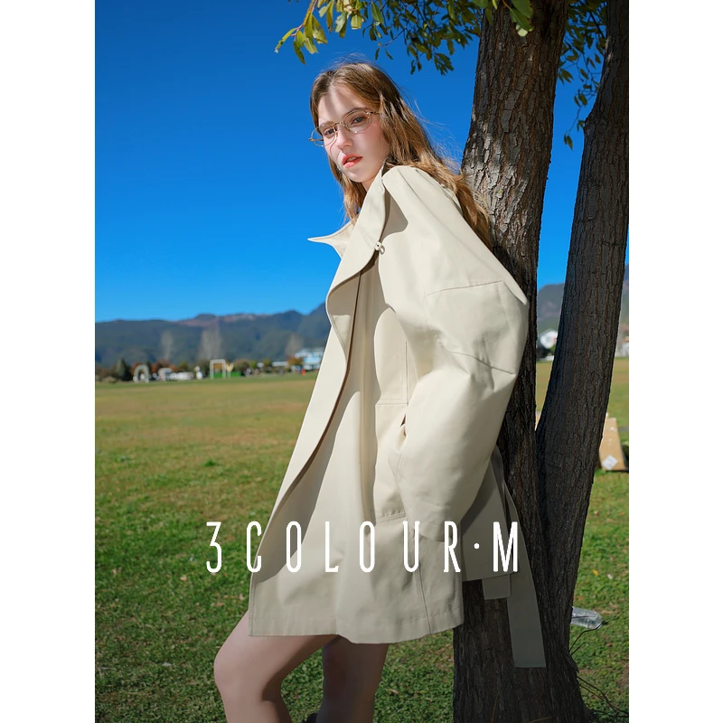 【畅销爆款】三彩2025春季新款立领风衣一粒扣腰廓形外套休闲气质M