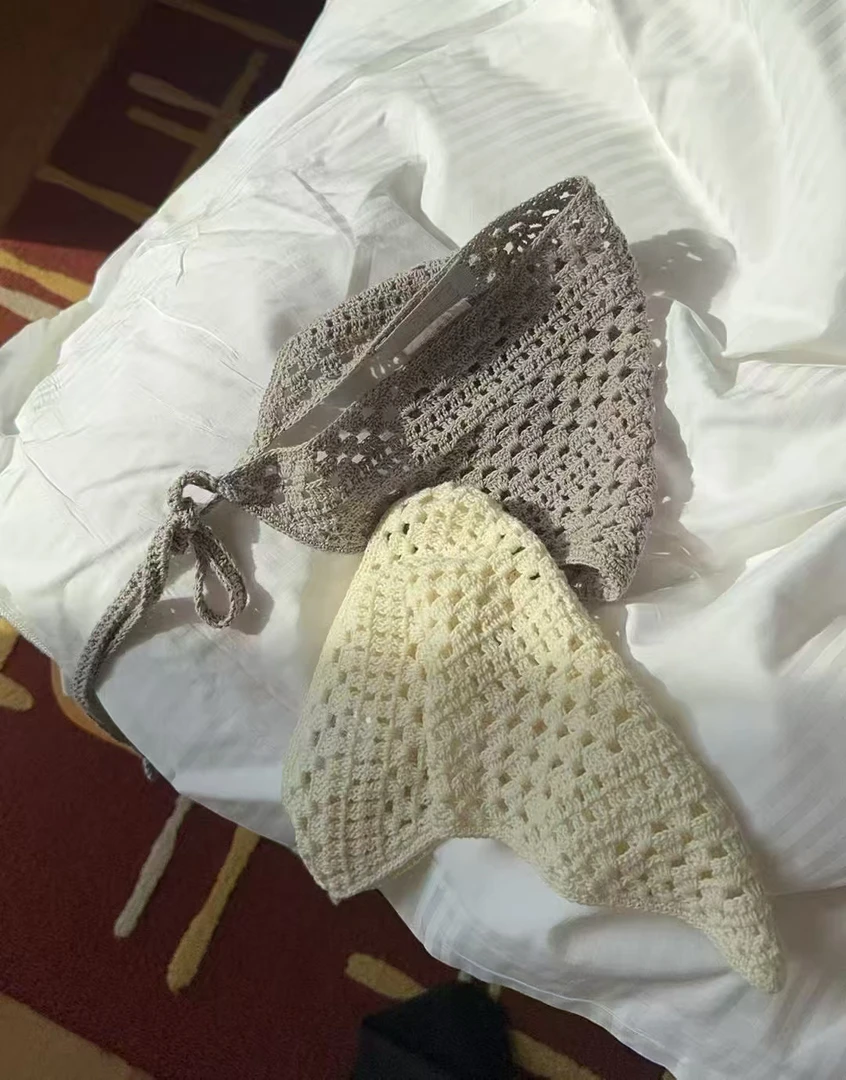 复古春夏手工镂空钩花纯色头巾白色时髦百搭围巾屁帘多功能三角巾