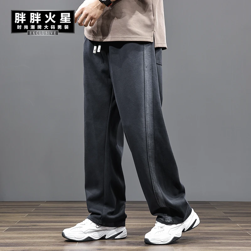 胖胖火星大码男装松紧腰复古直筒休闲裤加肥加大宽松阔腿运动长裤