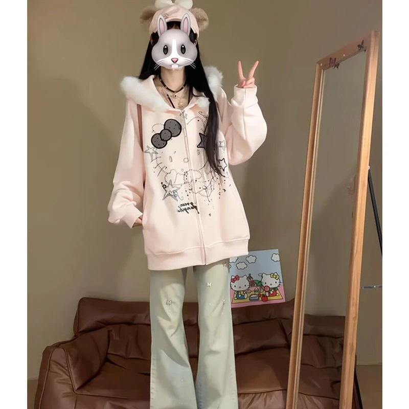 甜美猫咪涂鸦毛毛连帽卫衣外套女秋冬小众街头宽松百搭开衫#WY91