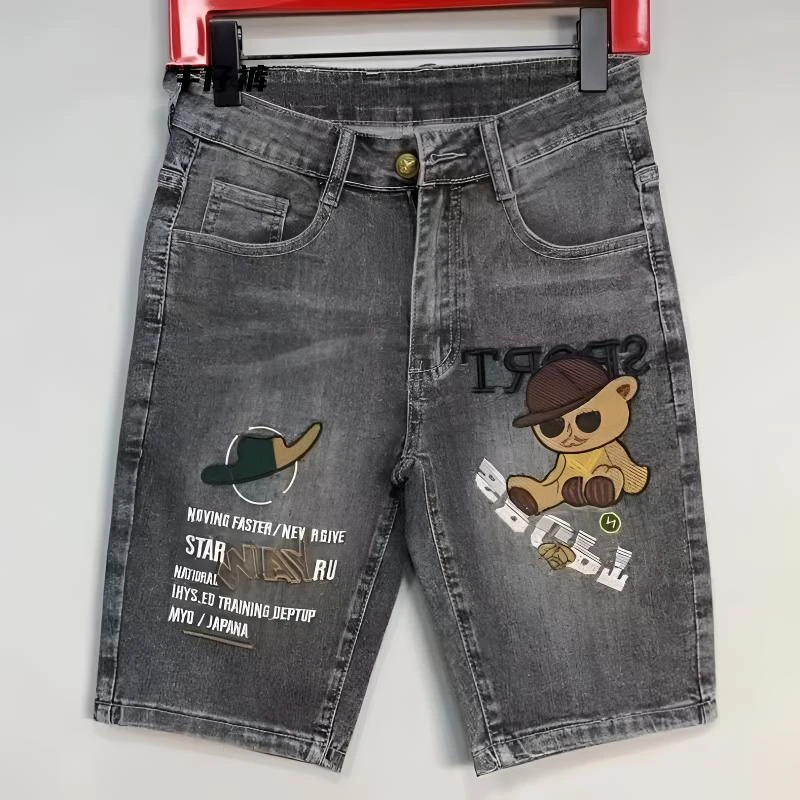 夏季新款男士小熊刺绣五分裤时尚潮流牛仔短裤中腰休闲百搭牛仔裤