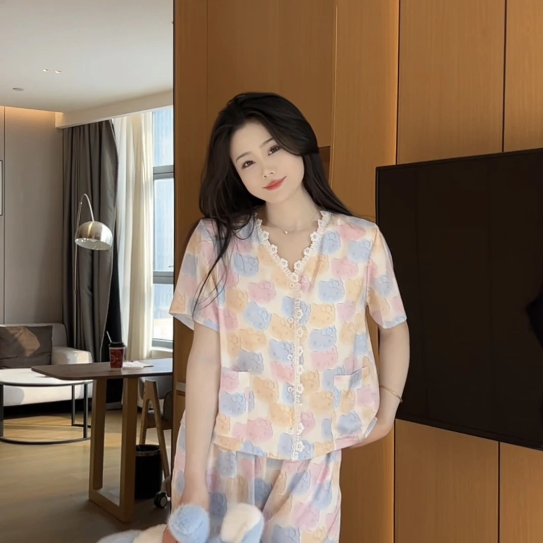 （彩虹糖）夏季气质减龄清爽睡衣柔软亲肤丝滑短袖套装可外穿温柔