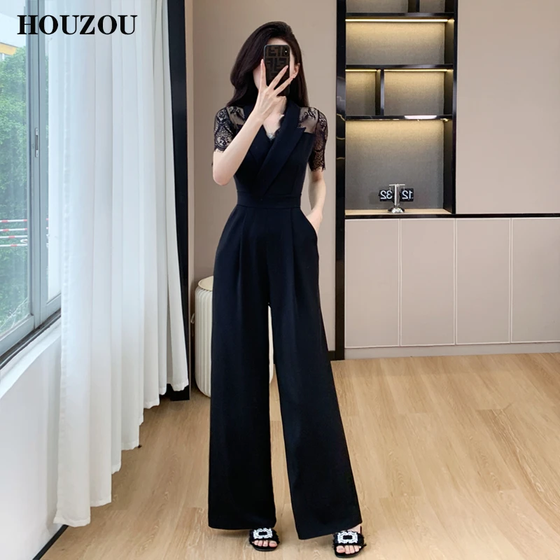 气质御姐黑色西装连体裤夏季2025新款收腰显瘦法式蕾丝镂空连衣裤