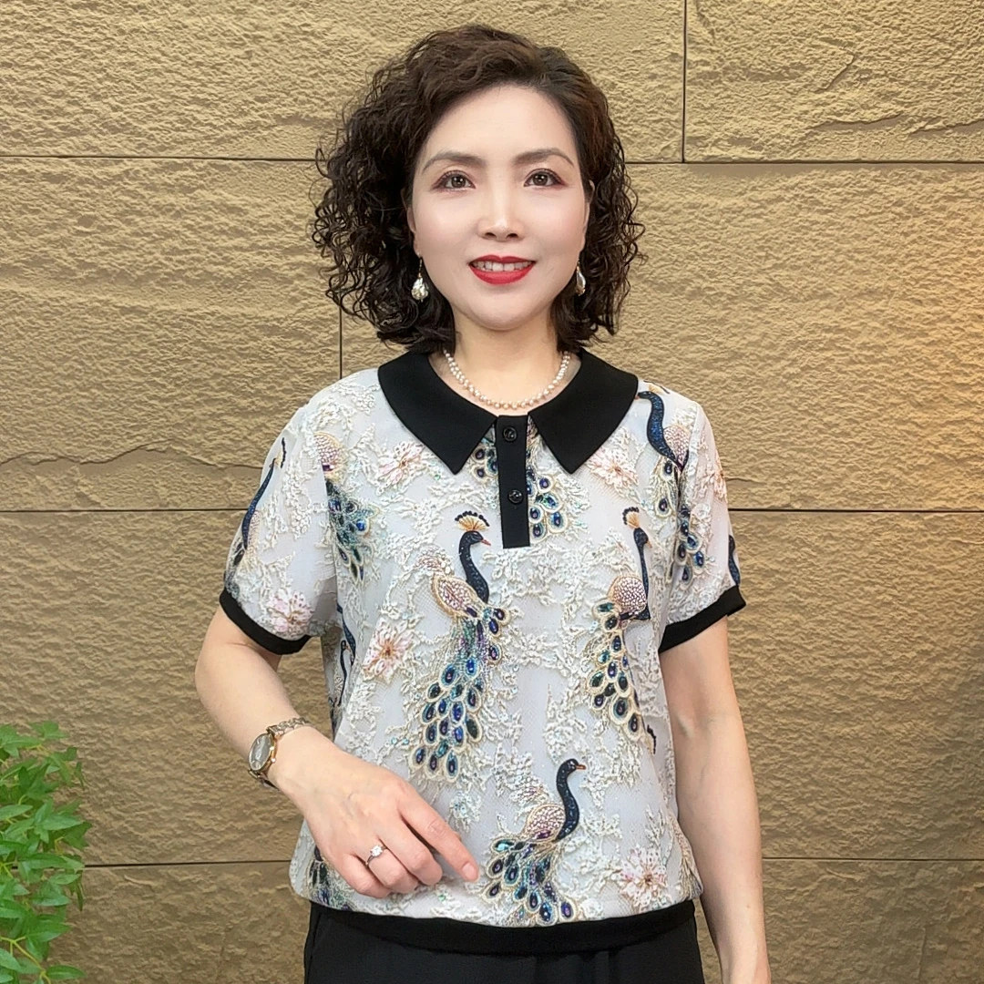 2025夏季新款气质时尚洋气显瘦减龄宽松薄款女士印花孔雀翻领上衣