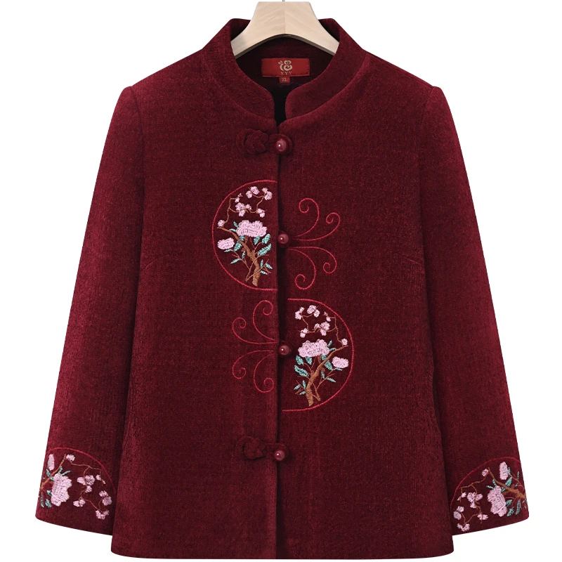 中老年女装冬季外套妈妈装加绒加厚绣花上衣老人衣服奶奶装保暖衣