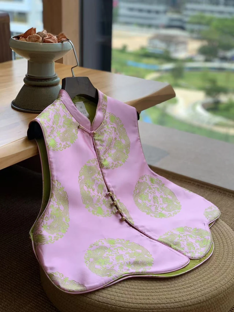 天恩优选【粉色团龙】 国风新中式祥龙织锦缎立领对襟双穿马甲