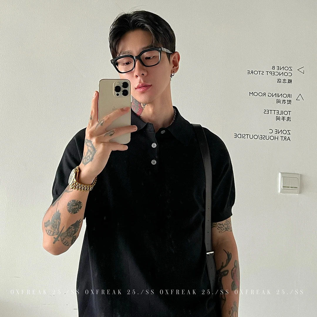 OXFREAK「老钱新贵 镂空条纹」针织短袖polo衫男正肩通勤翻领半袖