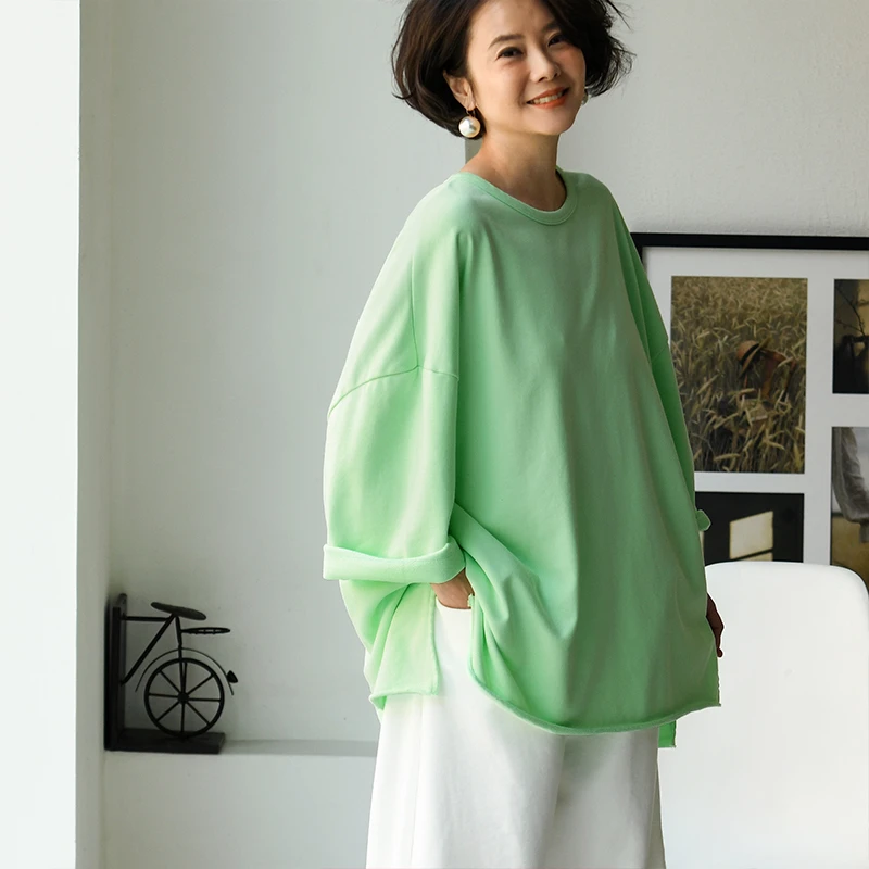 换季T67335 休闲百搭宽松多色圆领卷边中长款七分袖T恤女秋