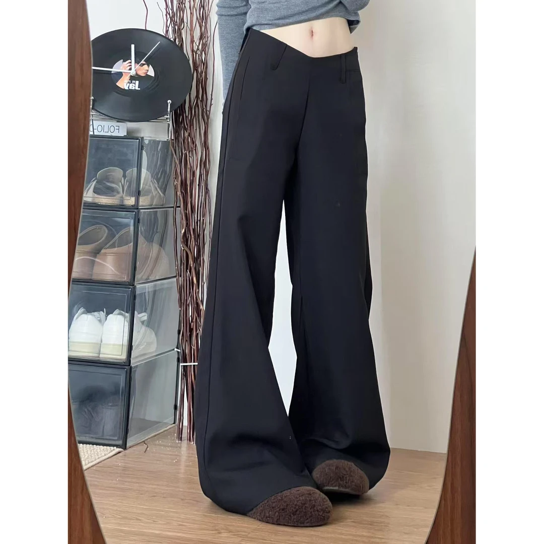 高个子加长版黑色休闲微喇裤女2025低腰设计感小众拖地西装喇叭裤
