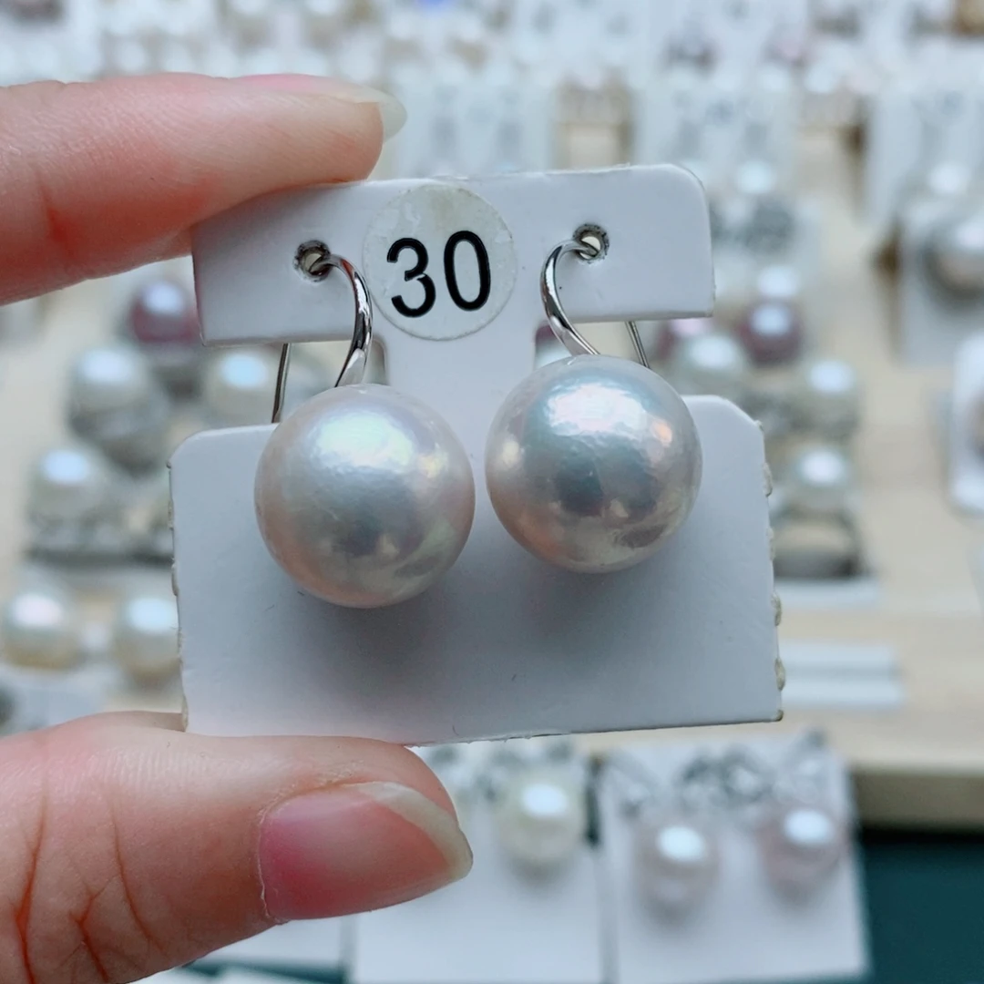 霸***女银S925镶嵌耳饰淡水珍珠13mm