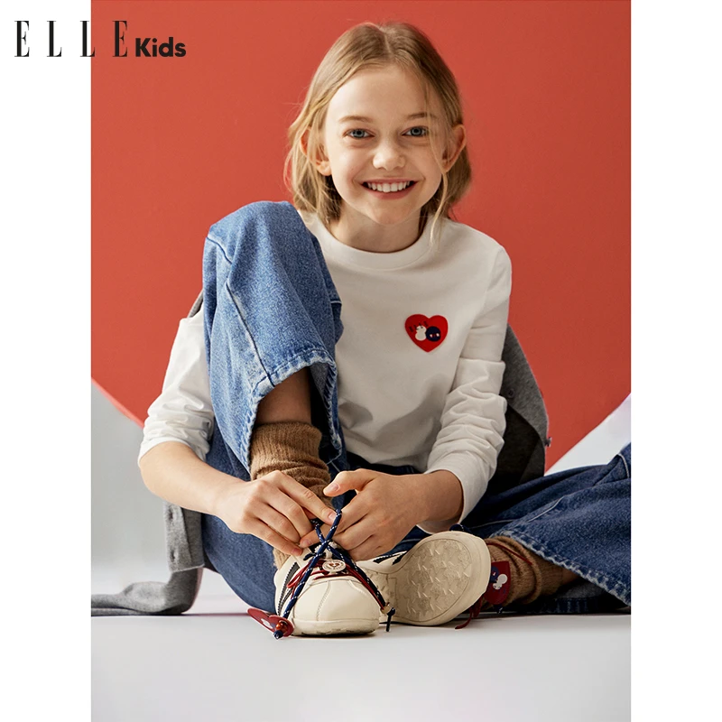 W175 ELLE KIDS 贴布绣花长袖T恤女童秋季周年系列正肩百搭上衣Q1