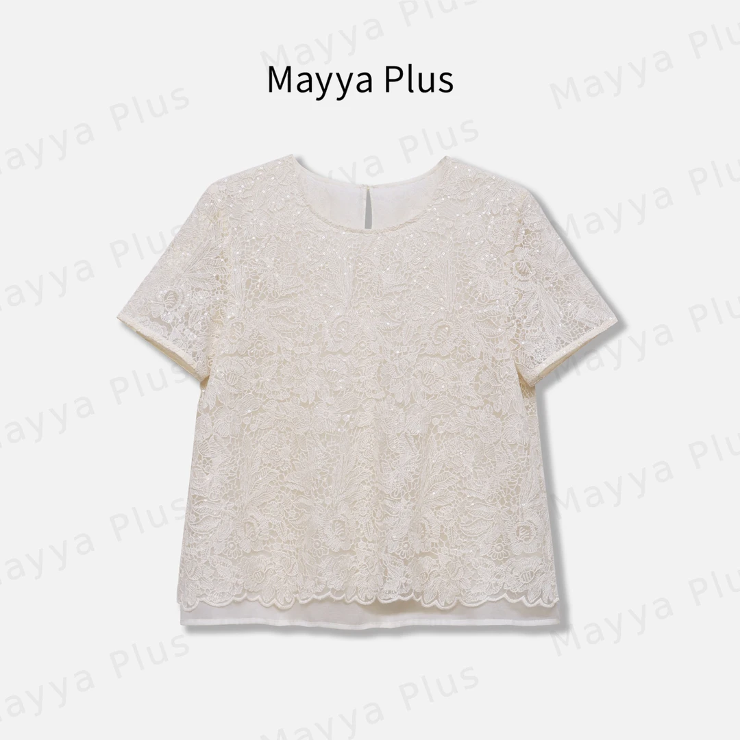 【香草冰】Mayya Plus麦芽定制法式轻奢蕾丝圆领短袖上衣女32528293